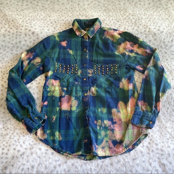 Cotton On Tops - Custom Bleach Tie Dye Plaid Flannel Shirt